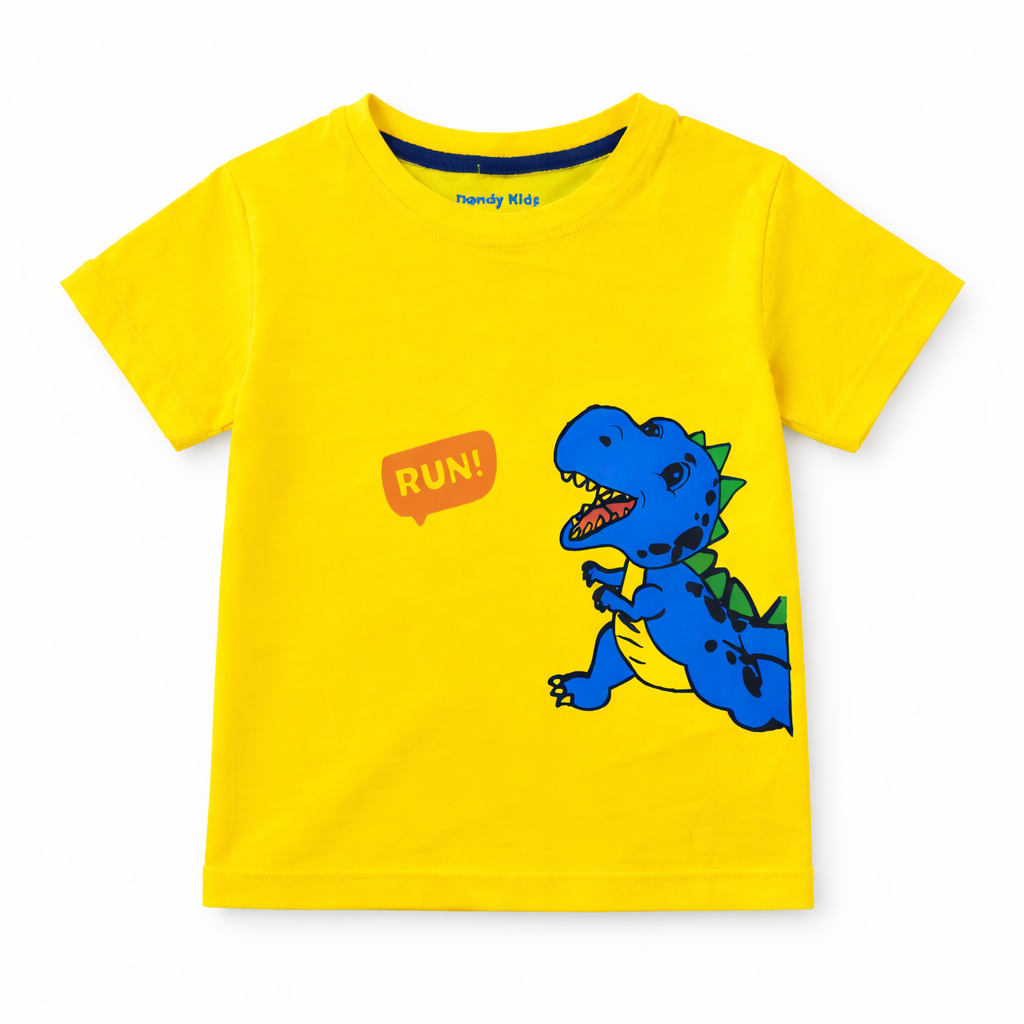 Yellow summer boys' coord set with dinosaur print, made of soft jersey cotton for ages 1 to 10, by lilcubspk.