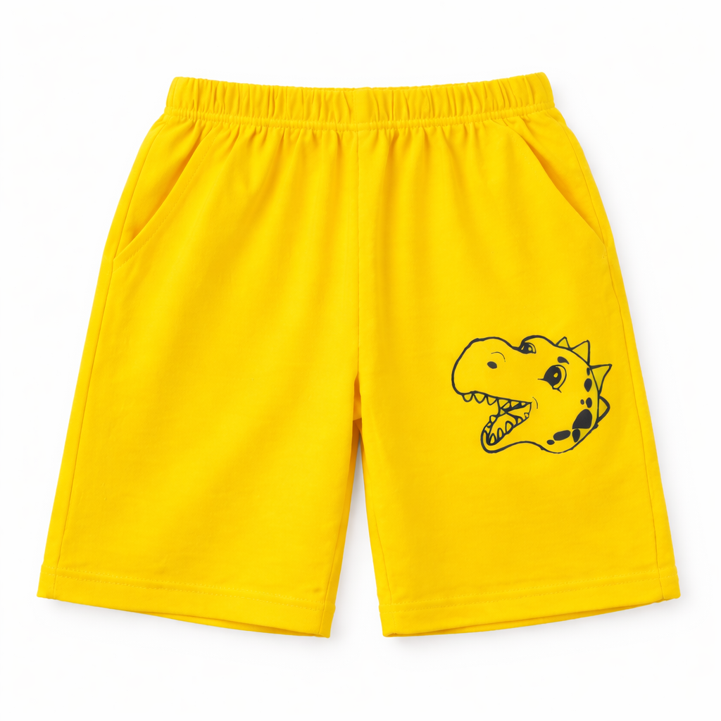 Yellow summer boys' coord set with dinosaur print, made of jersey cotton for ages 1 to 10, by lilcubspk.