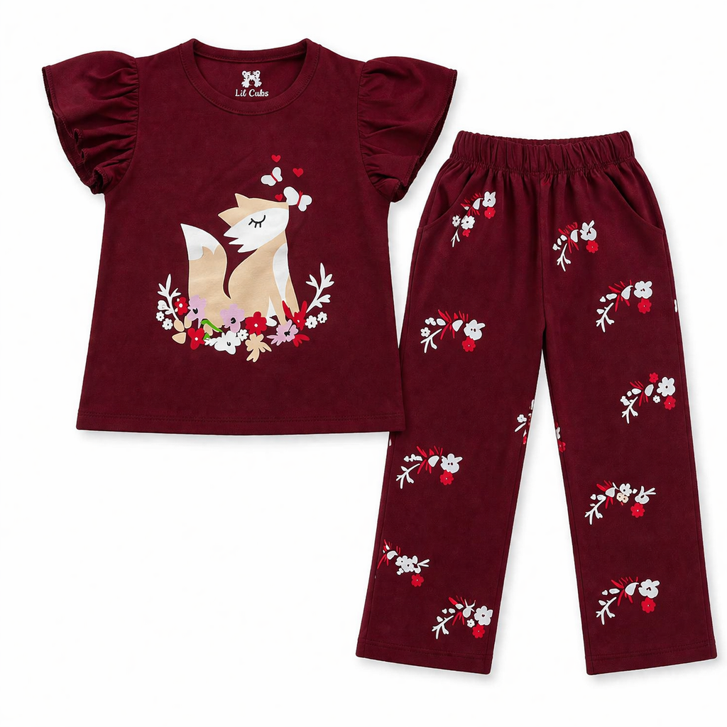 Maroon squirrel print summer coord set for kids by Lil' Cubs, includes matching top and shorts for warm-weather wear.