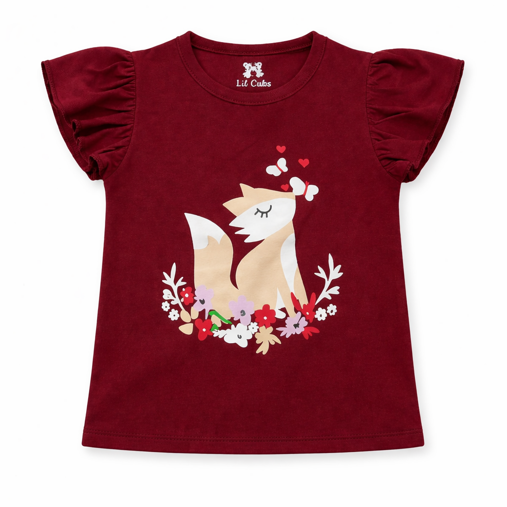 Maroon squirrel print summer coord set for kids by Lil' Cubs, includes a top and shorts in a playful design.