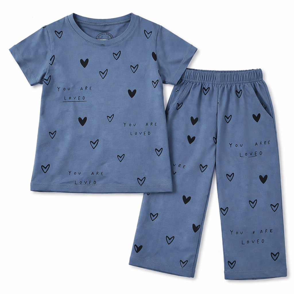 Blue summer girls' coord set by lilcubspk with love print on soft jersey cotton, suitable for ages 1 to 10 years.
