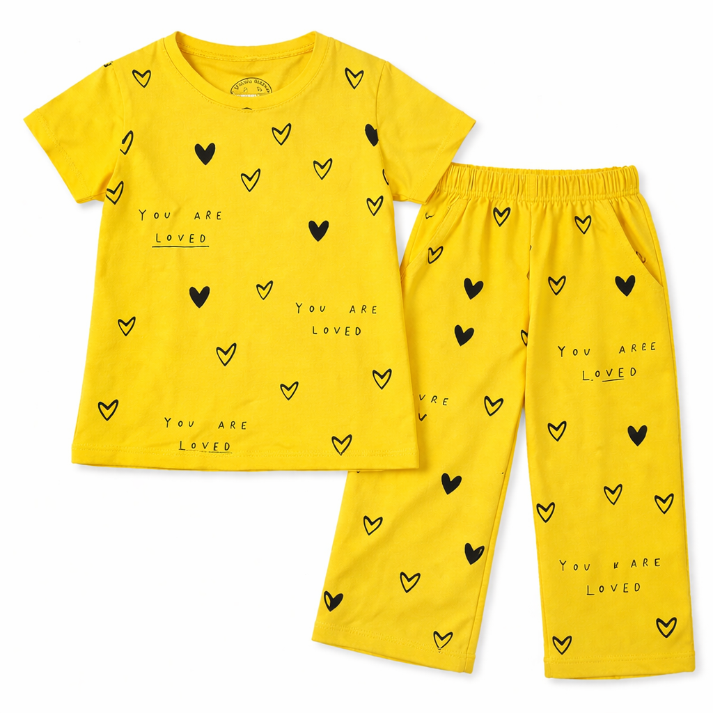 Yellow summer coord set for girls by lilcubspk featuring love print jersey cotton, suitable for ages 1 to 10 years.