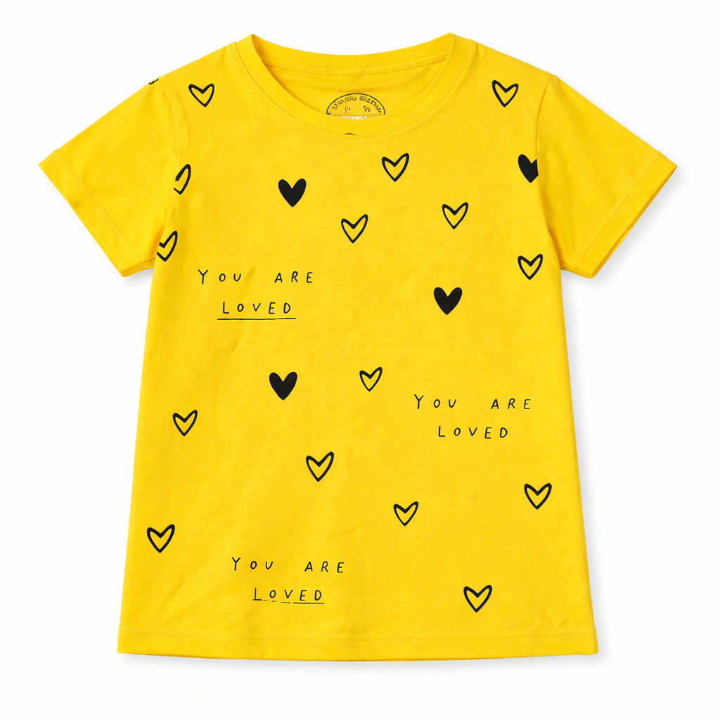 Yellow summer girls' coord set with love print, made of soft jersey cotton, for ages 1 to 10 from lilcubspk.
