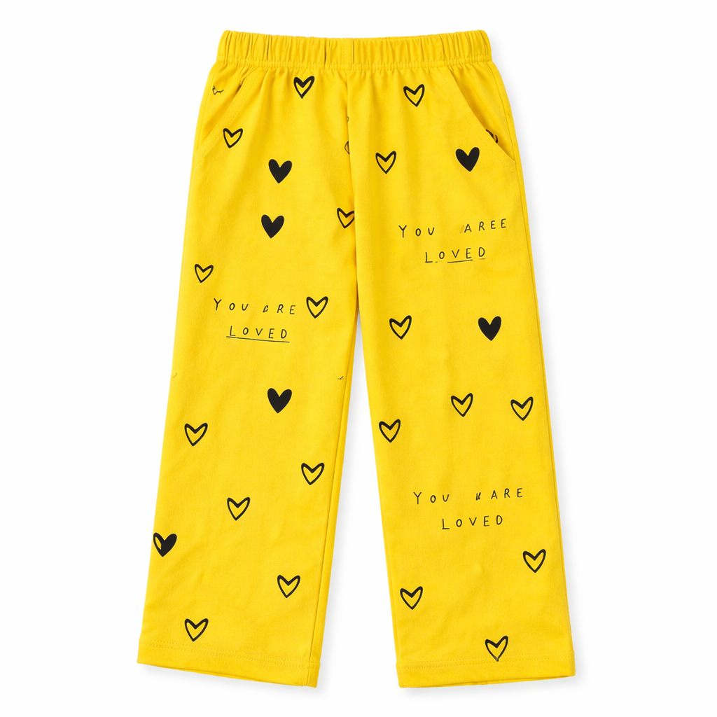 Yellow girls' summer coord set with love print on soft jersey cotton, suitable for ages 1 to 10 from lilcubspk.