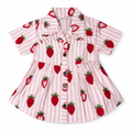 Pink and white strawberry print summer girls' frock by lilcubspk for ages 2 to 5, featuring a sleeveless design and soft fabric.