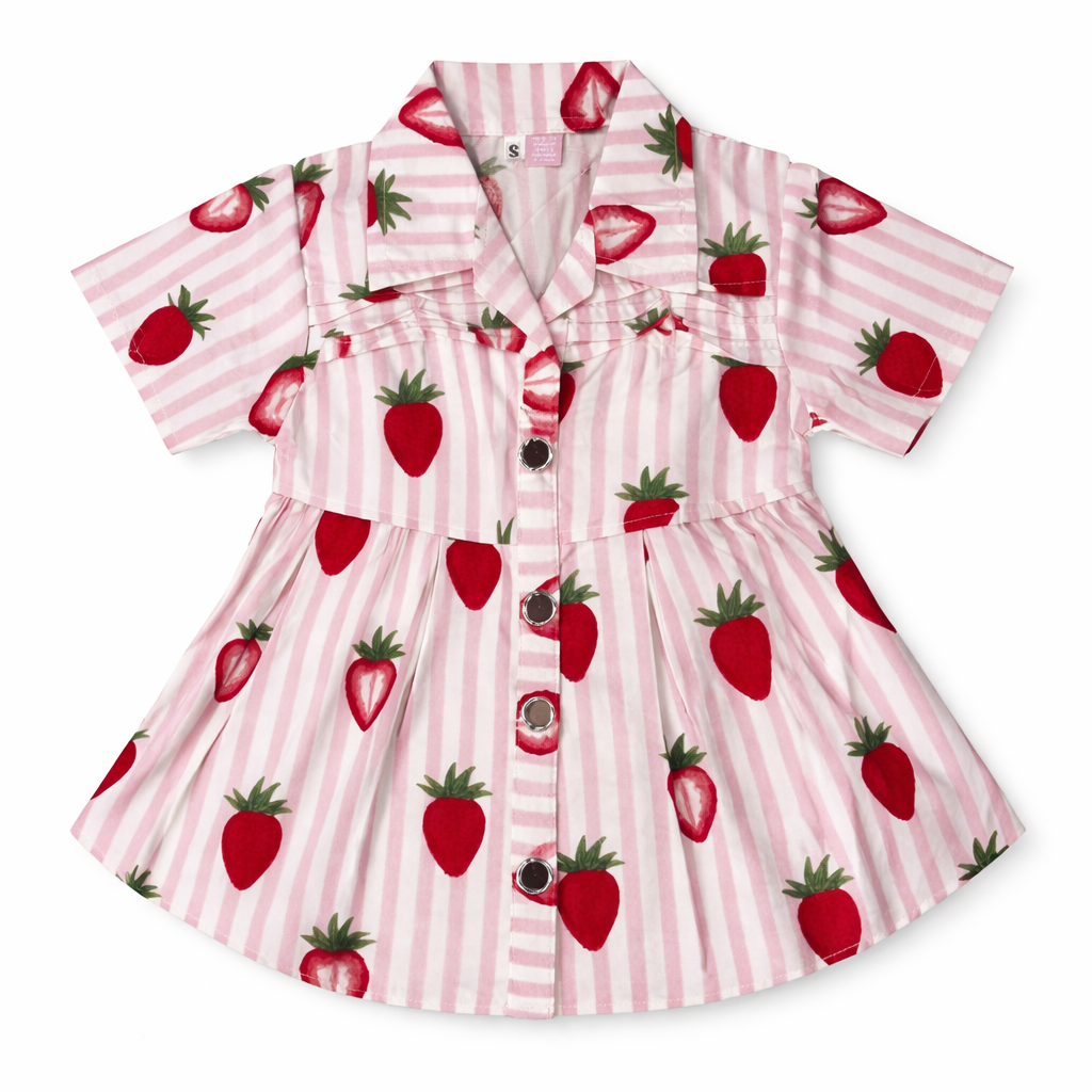 Pink and white strawberry print summer girls' frock by lilcubspk for ages 2 to 5, featuring a sleeveless design and soft fabric.