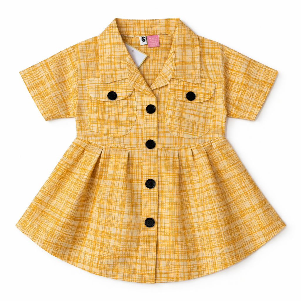 Orange cotton girls' frock from lilcubspk with button details, suitable for ages 2 to 5, perfect for summer wear