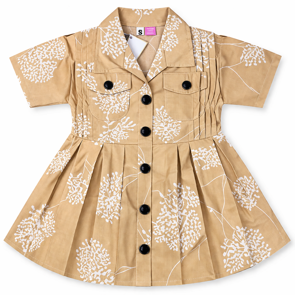 Mustard floral print cotton girls' frock by lilcubspk for ages 2-5, featuring a charming summer dress for young girls.