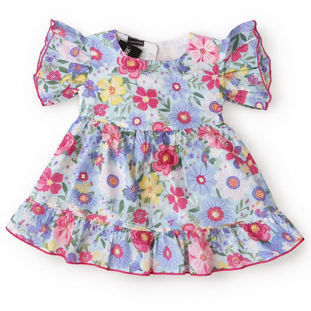 Summer Girls Frock - Sky Blue Floral Print Cotton Dress (Ages 2-5)
