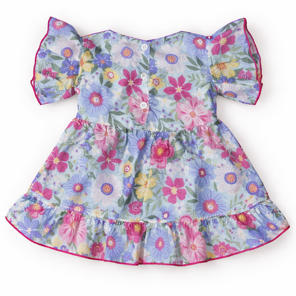 Summer Girls Frock - Sky Blue Floral Print Cotton Dress (Ages 2-5)