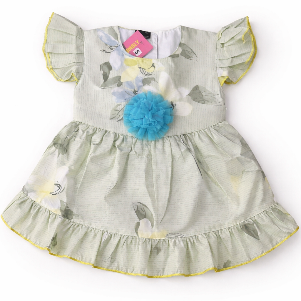 Summer Girls Frock - Light Green Leaf Print Cotton Dress (Ages 2-5)