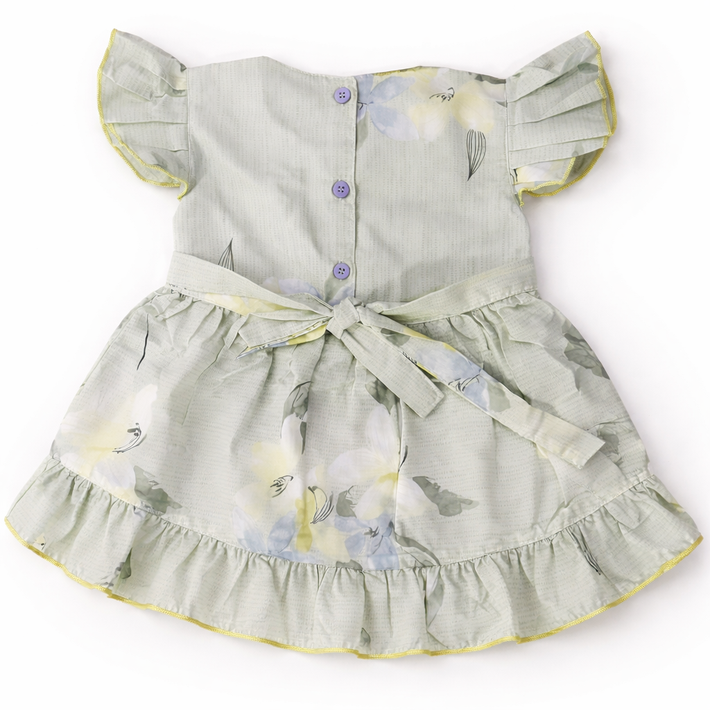 Summer Girls Frock - Light Green Leaf Print Cotton Dress (Ages 2-5)