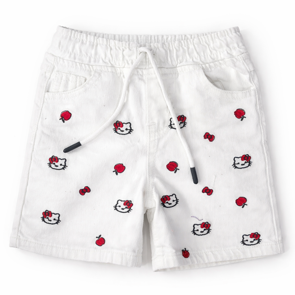 Girls white denim shorts with cute kitty embroidery by lilcubspk, featuring adjustable waist and comfortable fit for ages 6 months to 5 years.