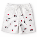 Girls white denim shorts with cute kitty embroidery by lilcubspk, featuring adjustable waist and comfortable fit for ages 6 months to 5 years.