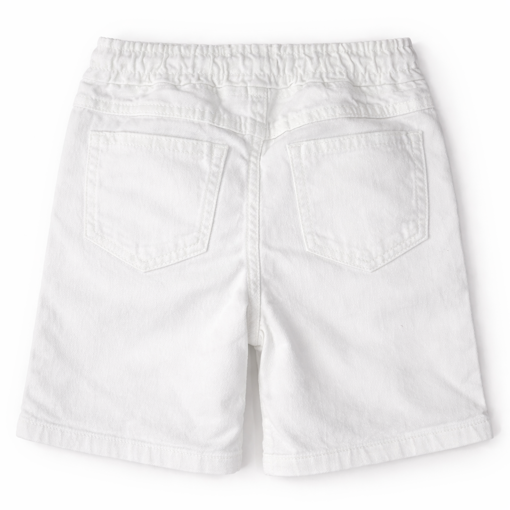Girls white denim shorts with butterfly embroidery by lilcubspk, featuring a cute design for ages 6 months to 5 years.