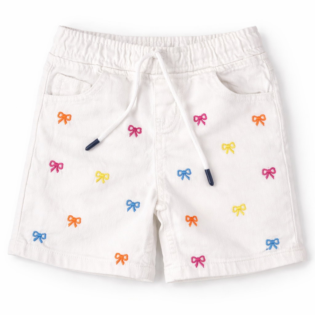 Girls white denim shorts with bow embroidery from lilcubspk, suitable for ages 6 months to 5 years.