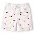 Girls white denim shorts with butterfly embroidery by lilcubspk, suitable for ages 6 months to 5 years, close-up of floral design.