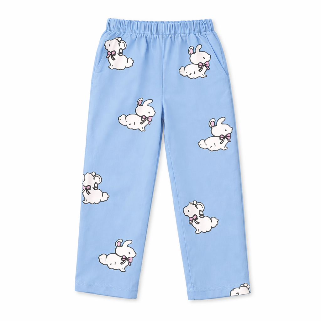 Light blue girls' summer coord set with cute rabbit print from lilcubspk, featuring a matching top and shorts for ages 1-12.