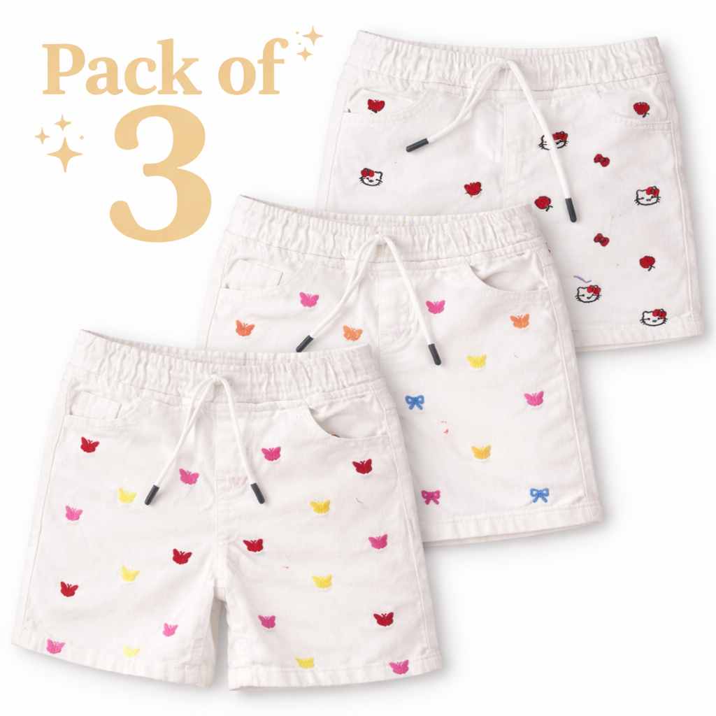 Girls white denim shorts with embroidery, pack of 3 for ages 6 months to 5 years, by lilcubspk.