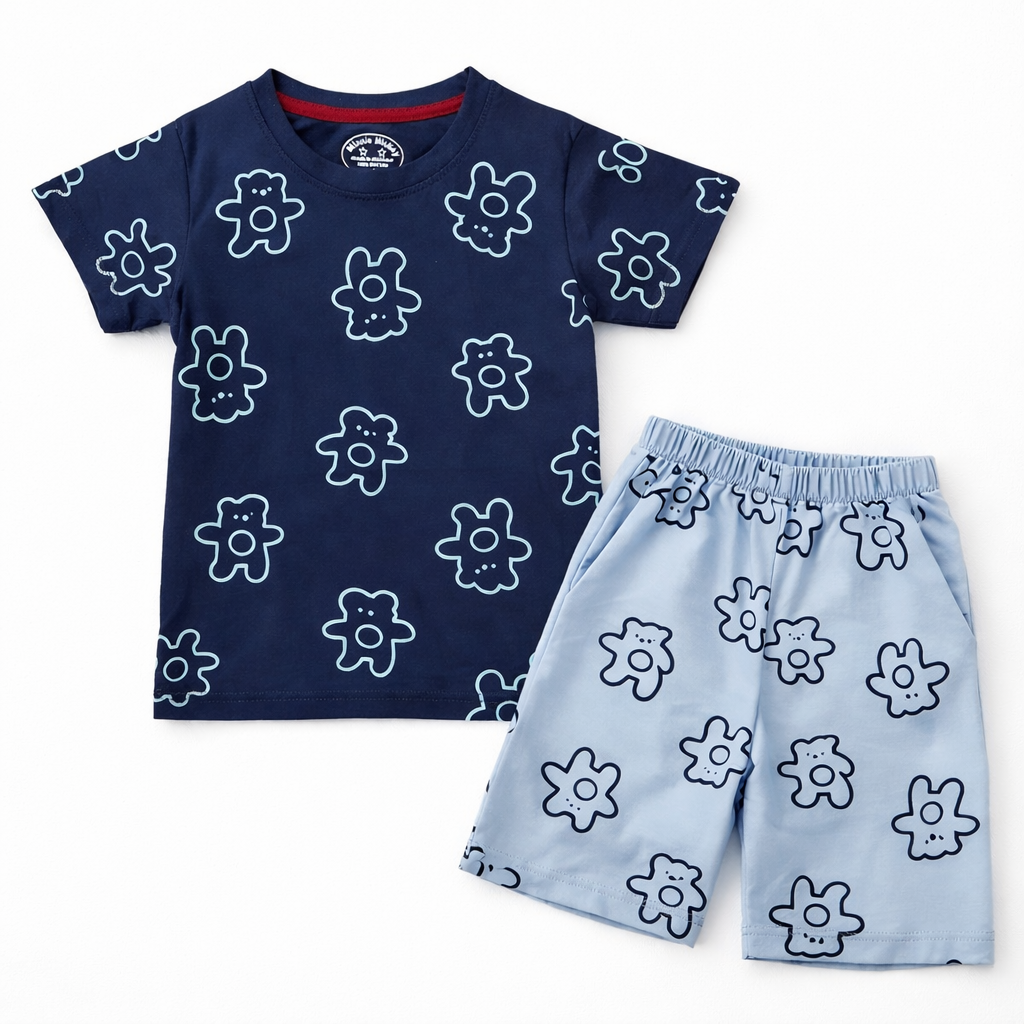 Blue teddy print boys' summer coord set by lilcubspk, includes matching top and shorts for ages 1-12 years