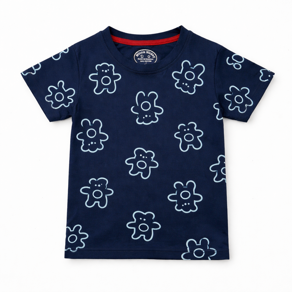 Blue teddy print boys' summer coord set by lilcubspk, featuring a matching top and shorts for ages 1-12 years.