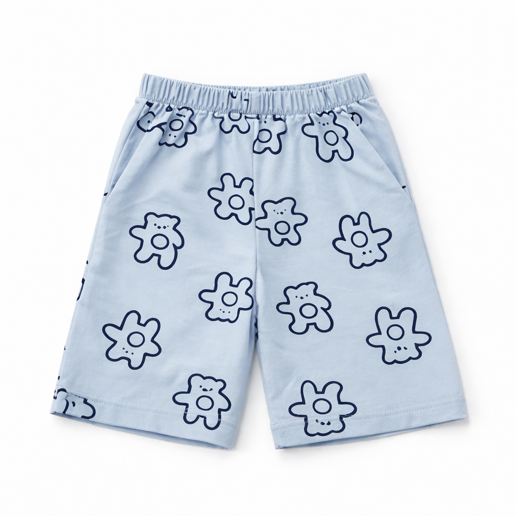 Blue teddy print boys' summer coord set by lilcubspk, featuring a matching top and shorts for ages 1-12 years.