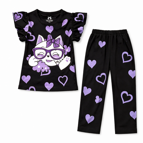Black heart and cat summer coord set for kids by Lil' Cubs, featuring a matching two-piece outfit with playful print.