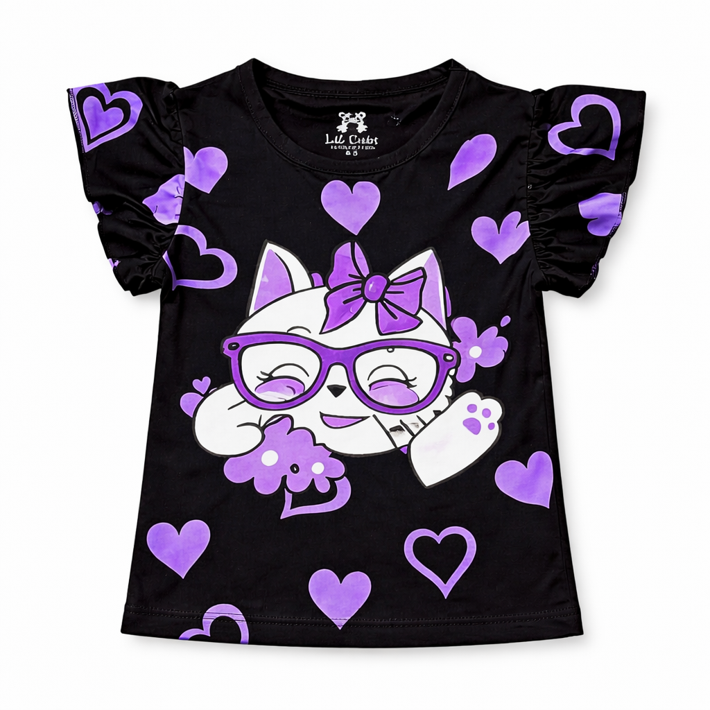 Black heart and cat print summer coord set for kids by Lil' Cubs, featuring a matching top and shorts.
