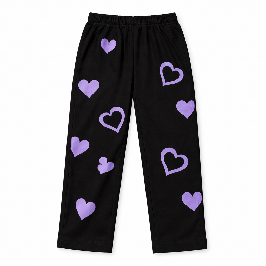 Black heart and cat print summer coord set for kids by Lil' Cubs, two-piece lightweight outfit with playful design.