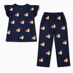 Blue fruit print summer coord set for girls, 2-piece outfit in ages 1-12, by lilcubspk, featuring a top and matching shorts.