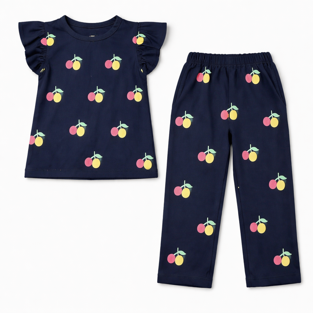 Blue fruit print summer coord set for girls, 2-piece outfit in ages 1-12, by lilcubspk, featuring a top and matching shorts.
