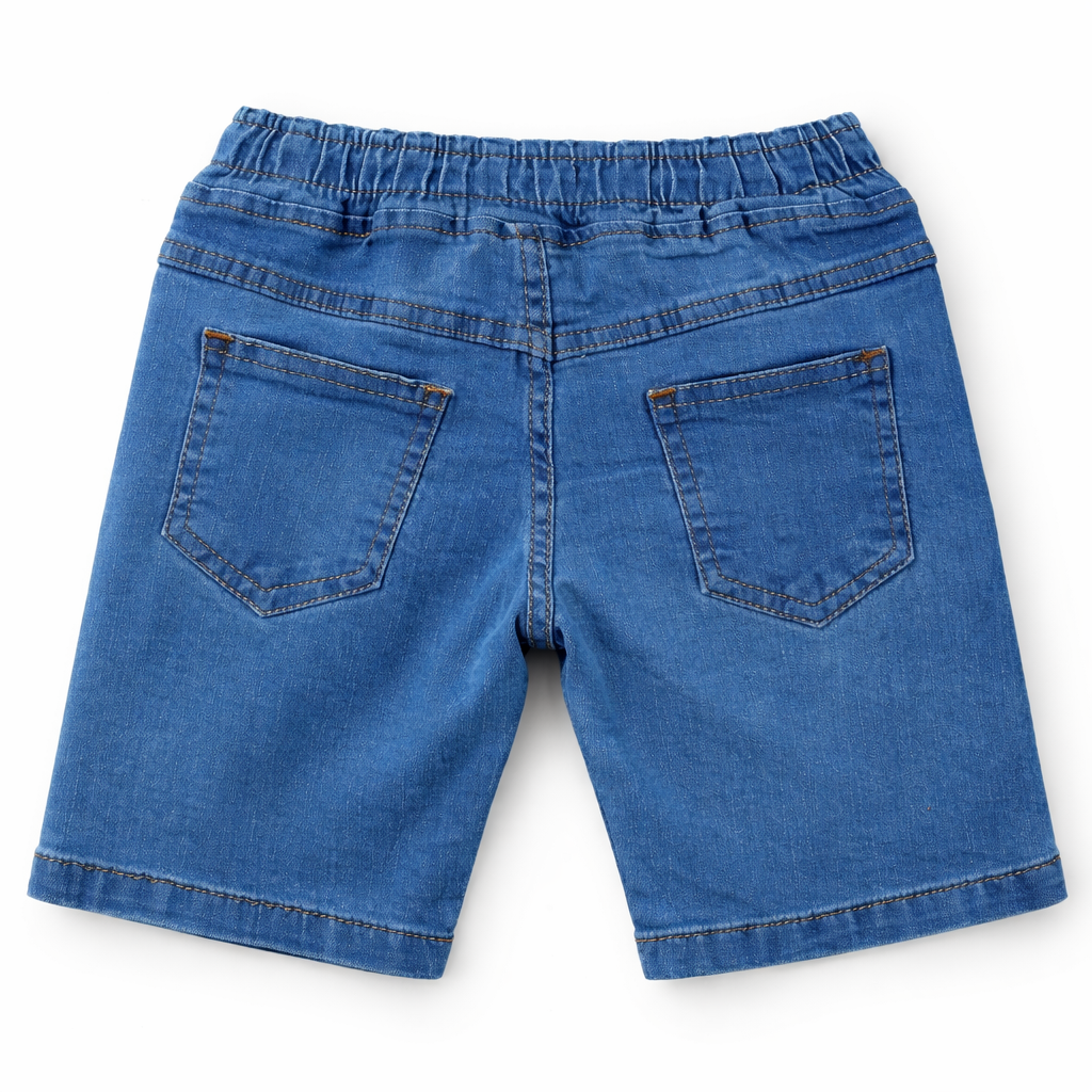 Pair of lilcubspk boys' denim shorts in blue, pack of three for ages 9 months to 12 years, shown on a child model.