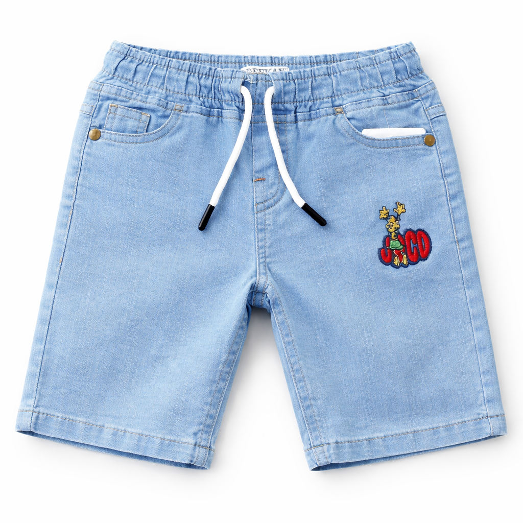 Lilcubspk boys denim shorts in various shades of blue, casual denim shorts for boys aged 9 months to 12 years, front view.