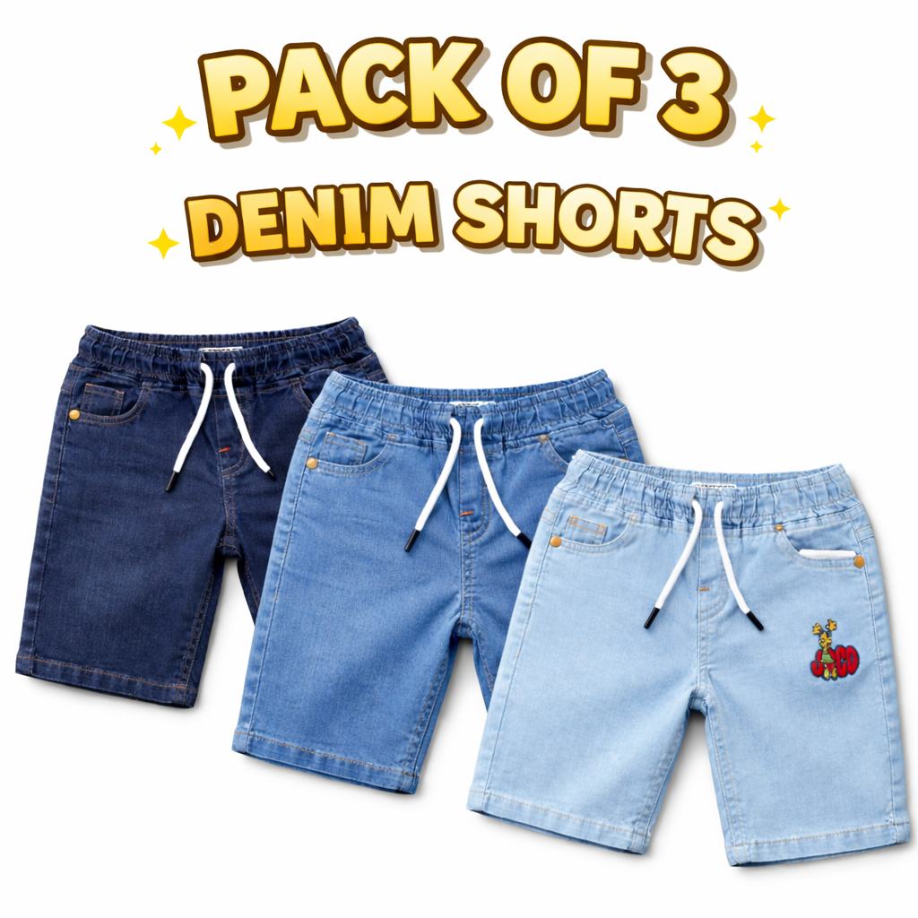Lilcubspk boys denim shorts in blue, pack of 3, casual style for ages 9 months to 12 years, displayed on a flat surface.