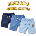 Lilcubspk boys denim shorts in blue, pack of 3, casual style for ages 9 months to 12 years, displayed on a flat surface.