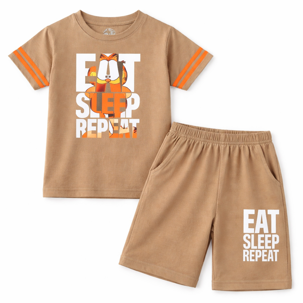 Dark skin kid wearing Lil’ Cubs "Eat Sleep Repeat" summer coord set, 2-piece kids' summer outfit with playful print.