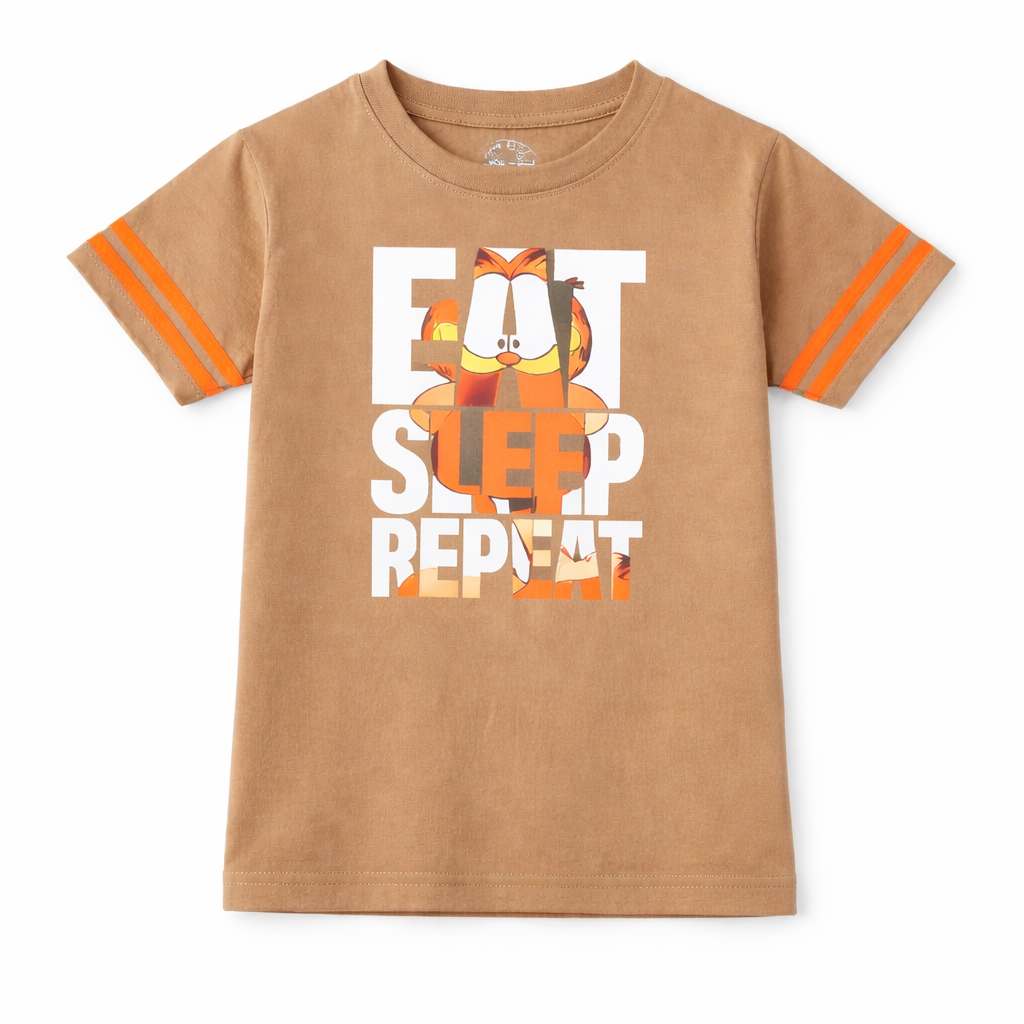 Dark skin kids' summer coord set by Lil’ Cubs featuring "Eat Sleep Repeat" print, includes matching short-sleeve top and shorts.