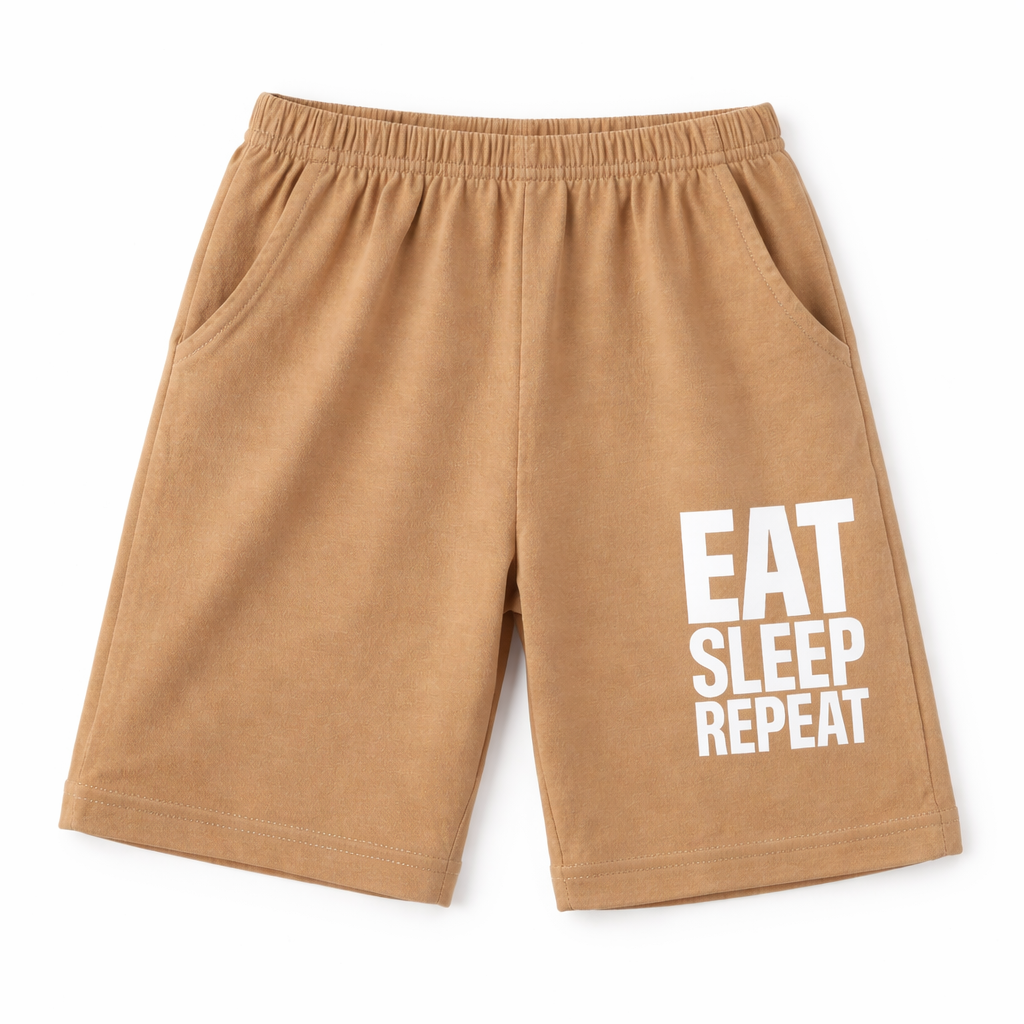 Dark skin kids' summer coord set with "Eat Sleep Repeat" print, 2-piece outfit by Lil’ Cubs, featuring a sleeveless top and shorts.