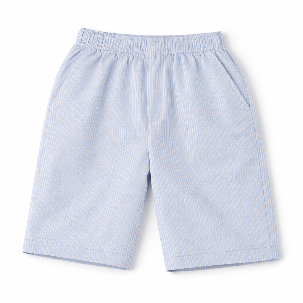 Boys blue cotton summer coord set for kids, 2-piece outfit with short sleeves and shorts, by Lil' Cubs.