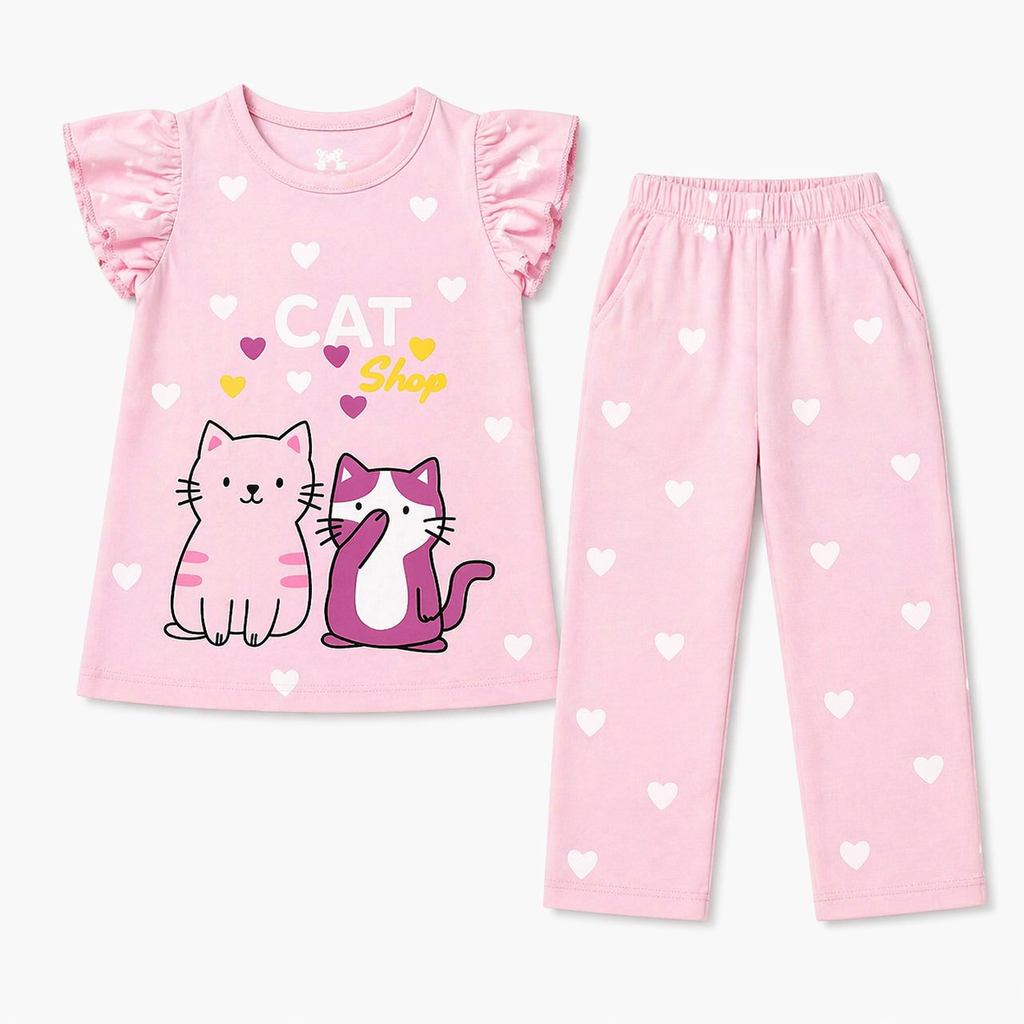 Pink summer coord set for girls with cat print, two-piece outfit for ages 1-12, featuring a matching top and shorts from lilcubspk.