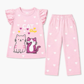 Pink summer coord set for girls with cat print, two-piece outfit for ages 1-12, featuring a matching top and shorts from lilcubspk.