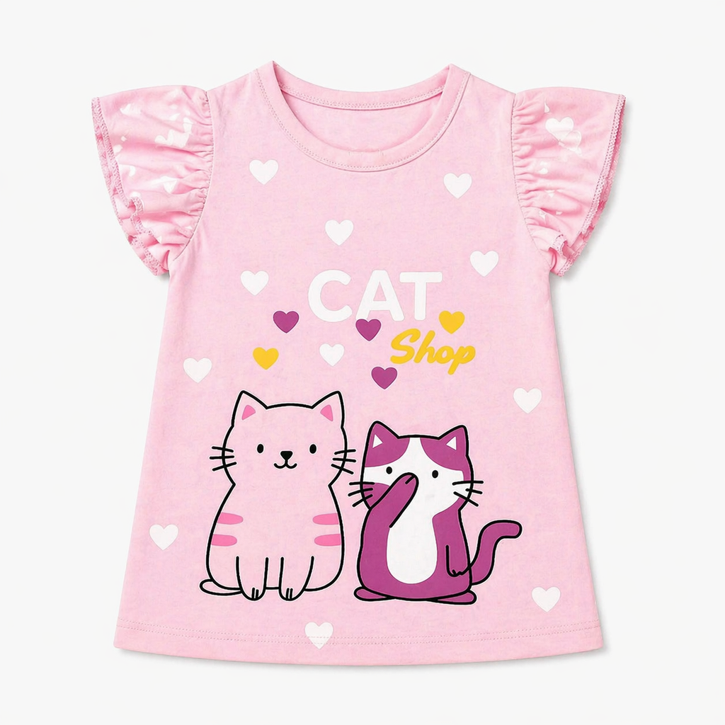 Pink girl’s summer coord set with cat print, two-piece outfit for ages 1-12, featuring a top and matching shorts by lilcubspk.