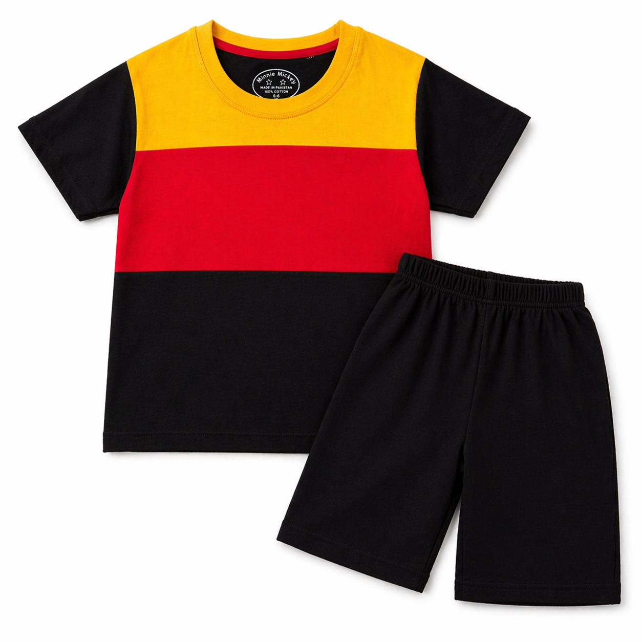 Boys Summer 2 Piece Coord Set – Black Red Yellow Jersey Cotton (1 - 12 Years)