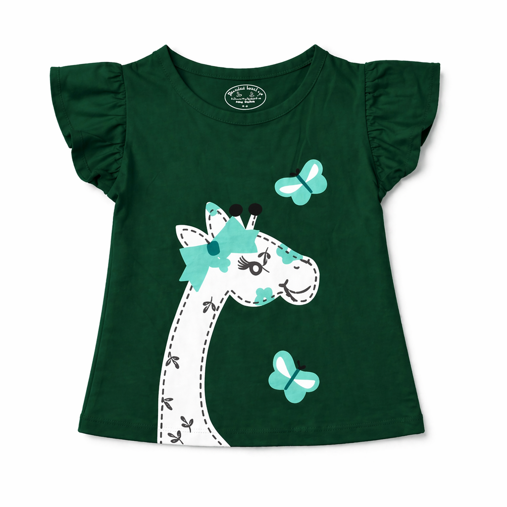 Girls' green summer coord set with giraffe print from lilcubspk, includes top and shorts for ages 1-10, suitable for warm weather.