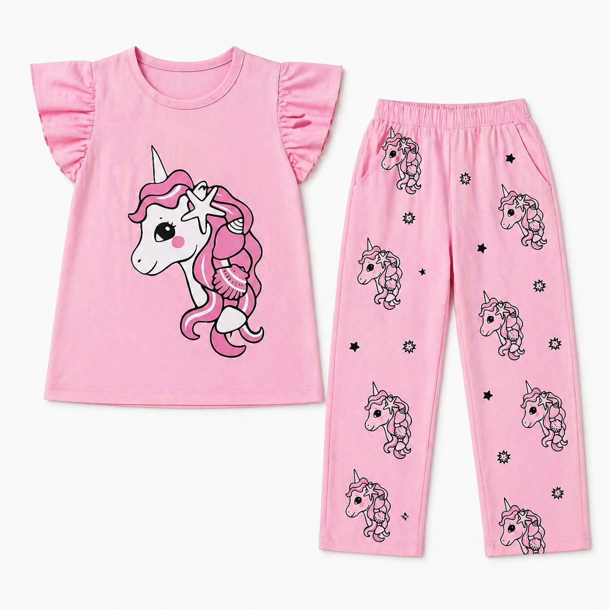 Girls dark pink unicorn summer coord set by lilcubspk, featuring a playful unicorn print, perfect for ages 1-12.