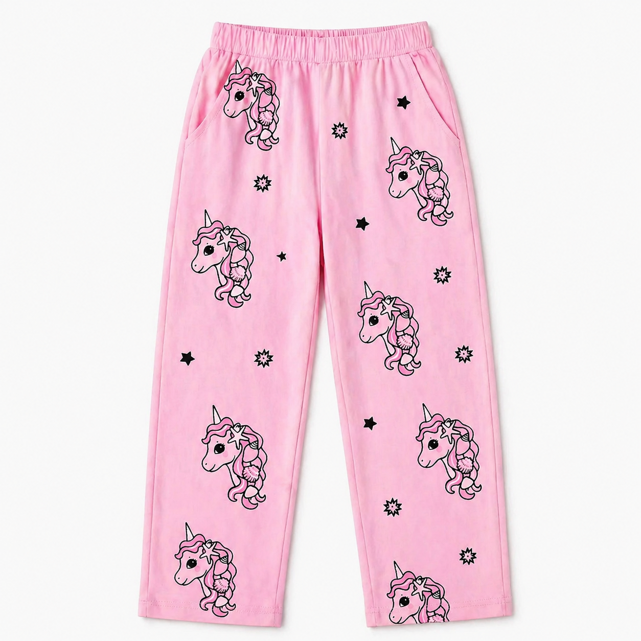 Girls dark pink unicorn summer coord set by lilcubspk, featuring a matching top and shorts with unicorn print for ages 1-12.