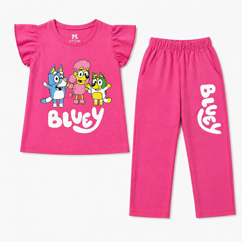 Pink and blue Lil' Cubs summer coord set for kids, featuring a matching top and shorts in a playful design.