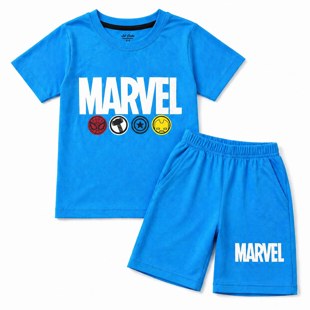 Boys sky blue Marvel summer coord set by lilcubspk featuring a short-sleeve top and shorts for ages 1 to 12.