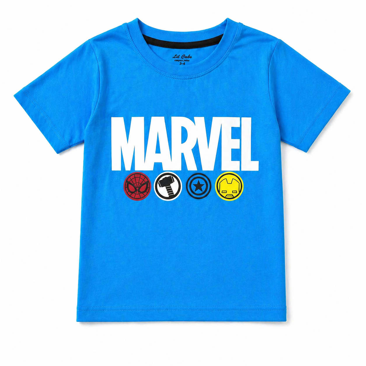 Boys sky blue Marvel summer coord set by lilcubspk featuring a short-sleeve top and shorts for ages 1 to 12.