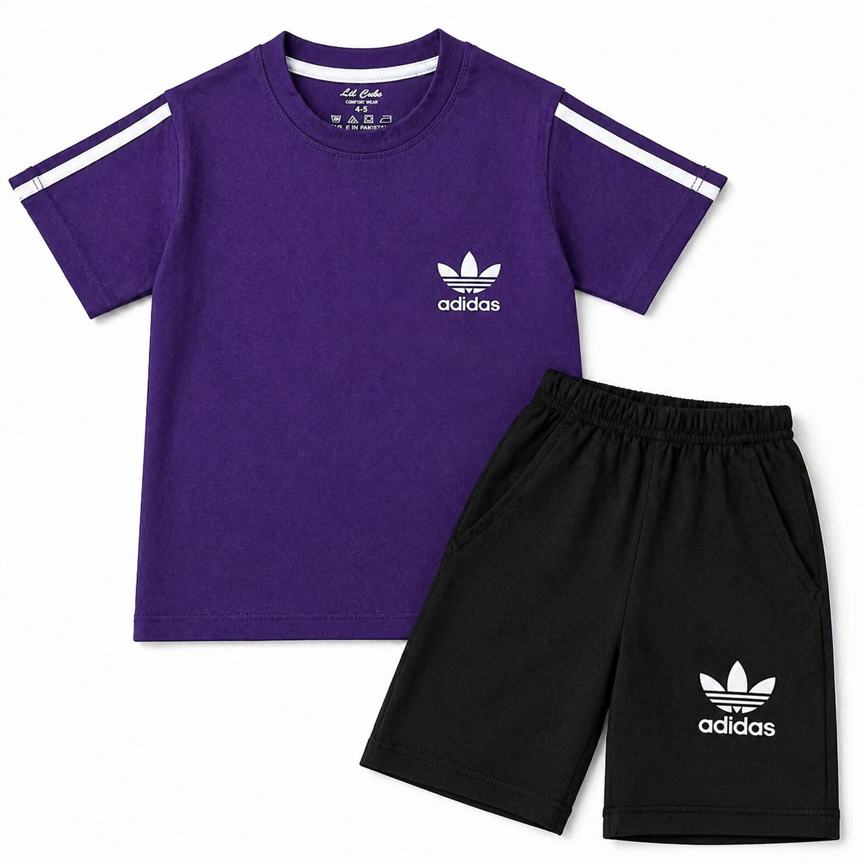 Boys purple and black Adidas summer coord set by lilcubspk, featuring a matching top and shorts for ages 1 to 12 years.
